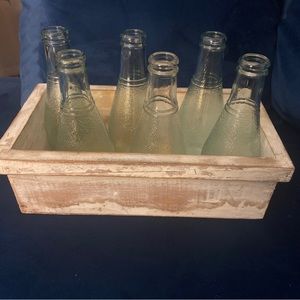 Vintage floral vase’s in a wooden box, vase’s look like pop bottles, very unique